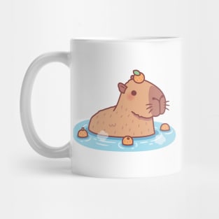 Cute Capybara With Orange On Head Chilling In Hot Spring Mug